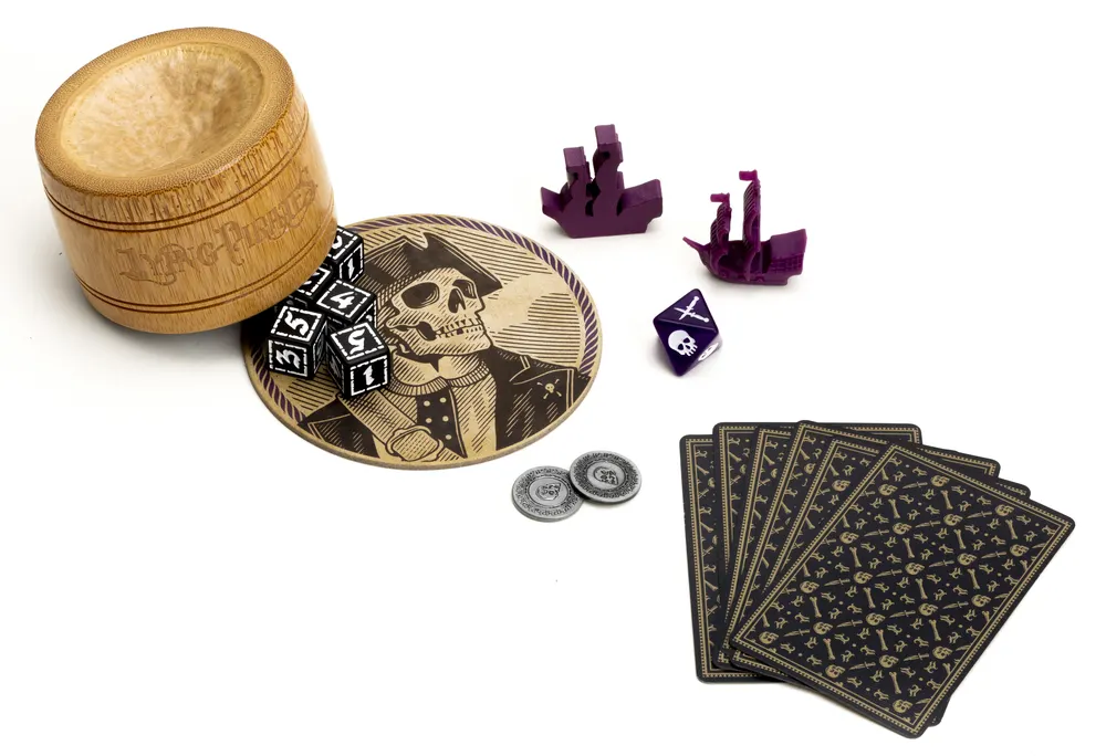 Cup, coaster, 5 Crew dice, Battle die, ships, 2 coins and 6 Action cards